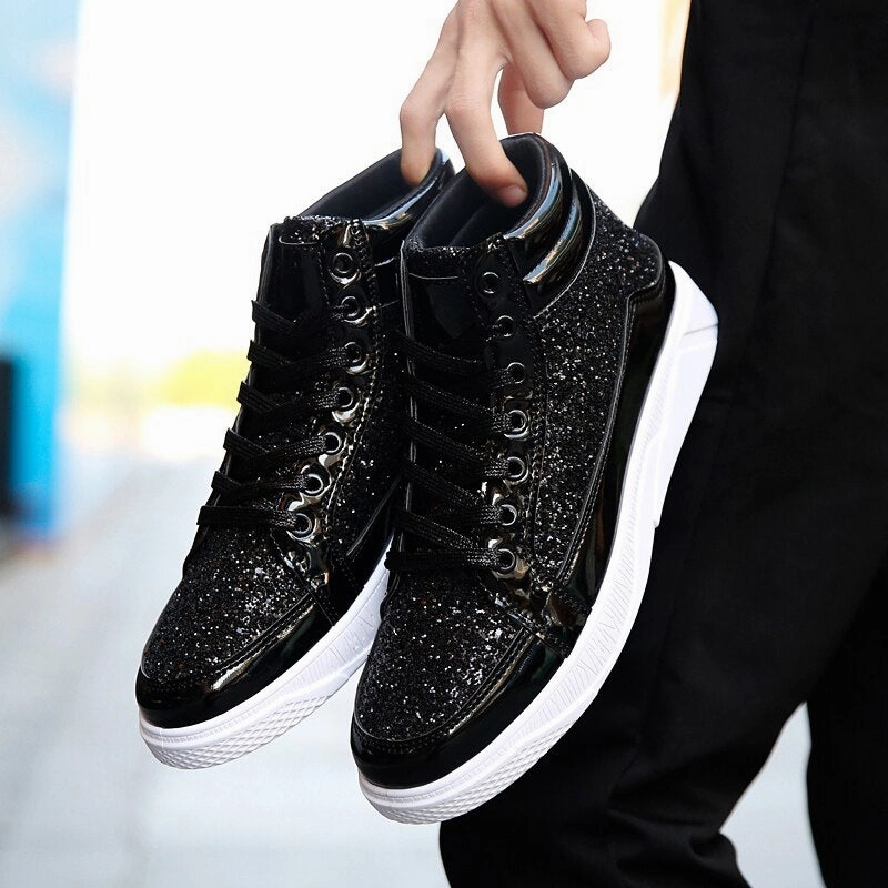 2022 Men PU Leather Casual Shoes Hip Hop Gold Fashion Sneakers Male Silver Microfiber High Tops Sequin Man Shoe Chaussure Tennis