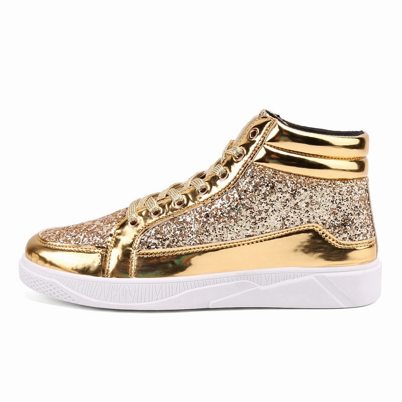 2022 Men PU Leather Casual Shoes Hip Hop Gold Fashion Sneakers Male Silver Microfiber High Tops Sequin Man Shoe Chaussure Tennis