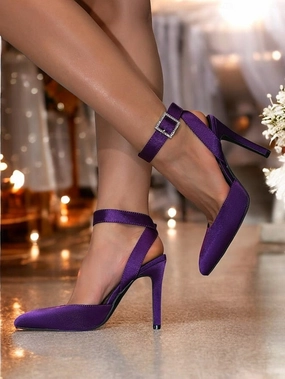  Strap Purple Satin Ankle Heels Pointed Toe Women's Knitted Cuff Ankle Boots