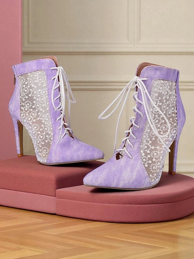 Ovye Ankle Boots Women's Ankle White Booties Lace with Mesh Stiletto Heels