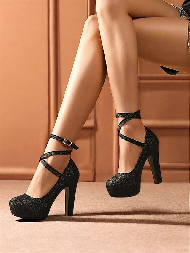 Ankle Platform  Heels Glitter Women's Strap Pink with