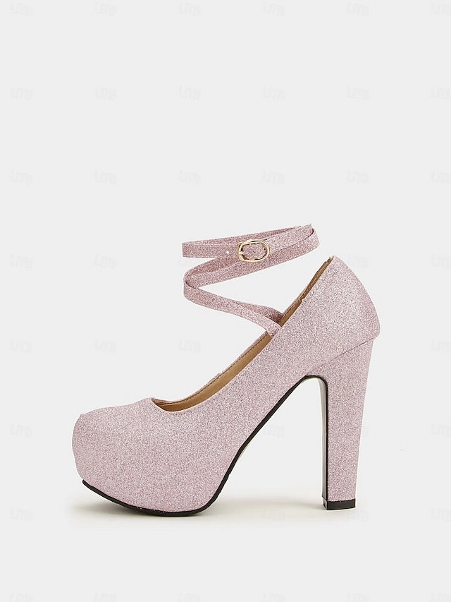 Ankle Platform  Heels Glitter Women's Strap Pink with Mock Croc Ankle Boots