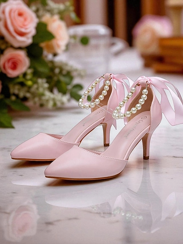 Blue with Ankle Bow Kitten Pumps Pearl - Women's Heel Strap