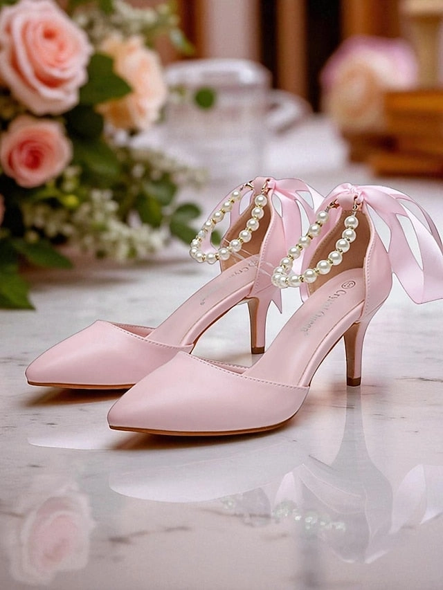 Blue with Ankle Bow Kitten Pumps Pearl - Women's Heel Strap