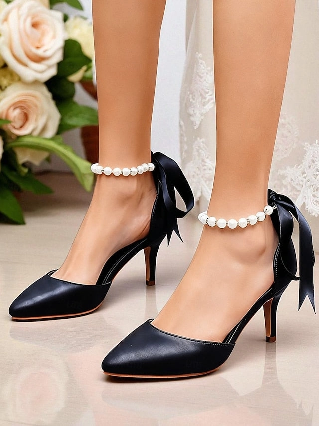 Blue with Ankle Bow Kitten Pumps Pearl - Women's Heel Strap