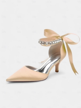 Ankle Boots Formal Dress Ankle Rhinestone Blue Heels with Pointed-Kitten and Strap Satin