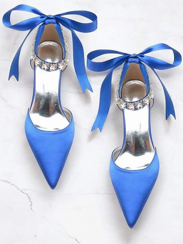 Ankle Rhinestone Blue Heels with Pointed-Kitten and Strap Satin