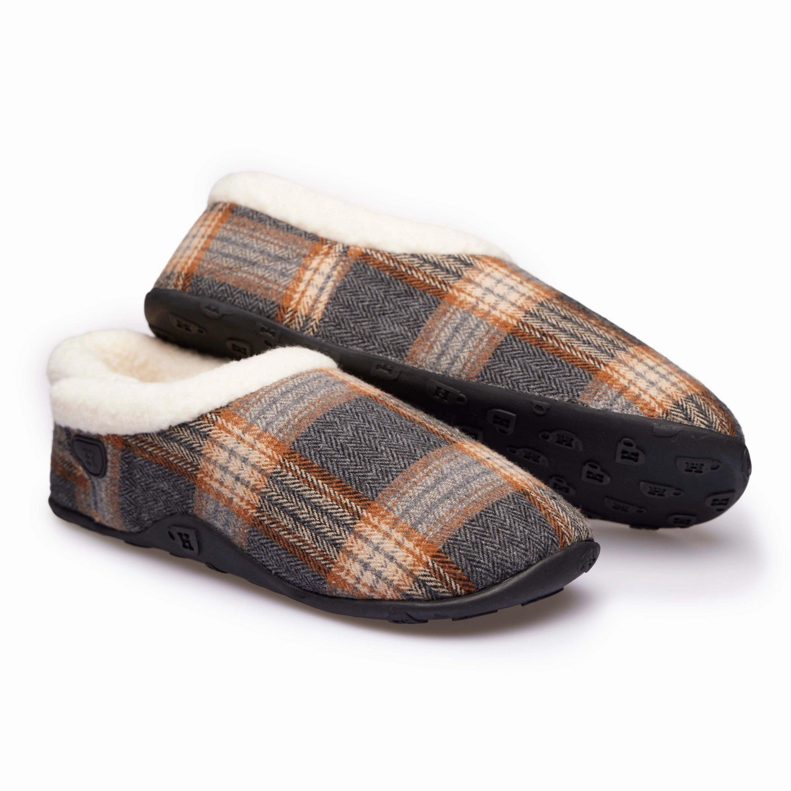 Bruce - Grey Rust Check Men's Slippers Fluffy Leopard Slippers
