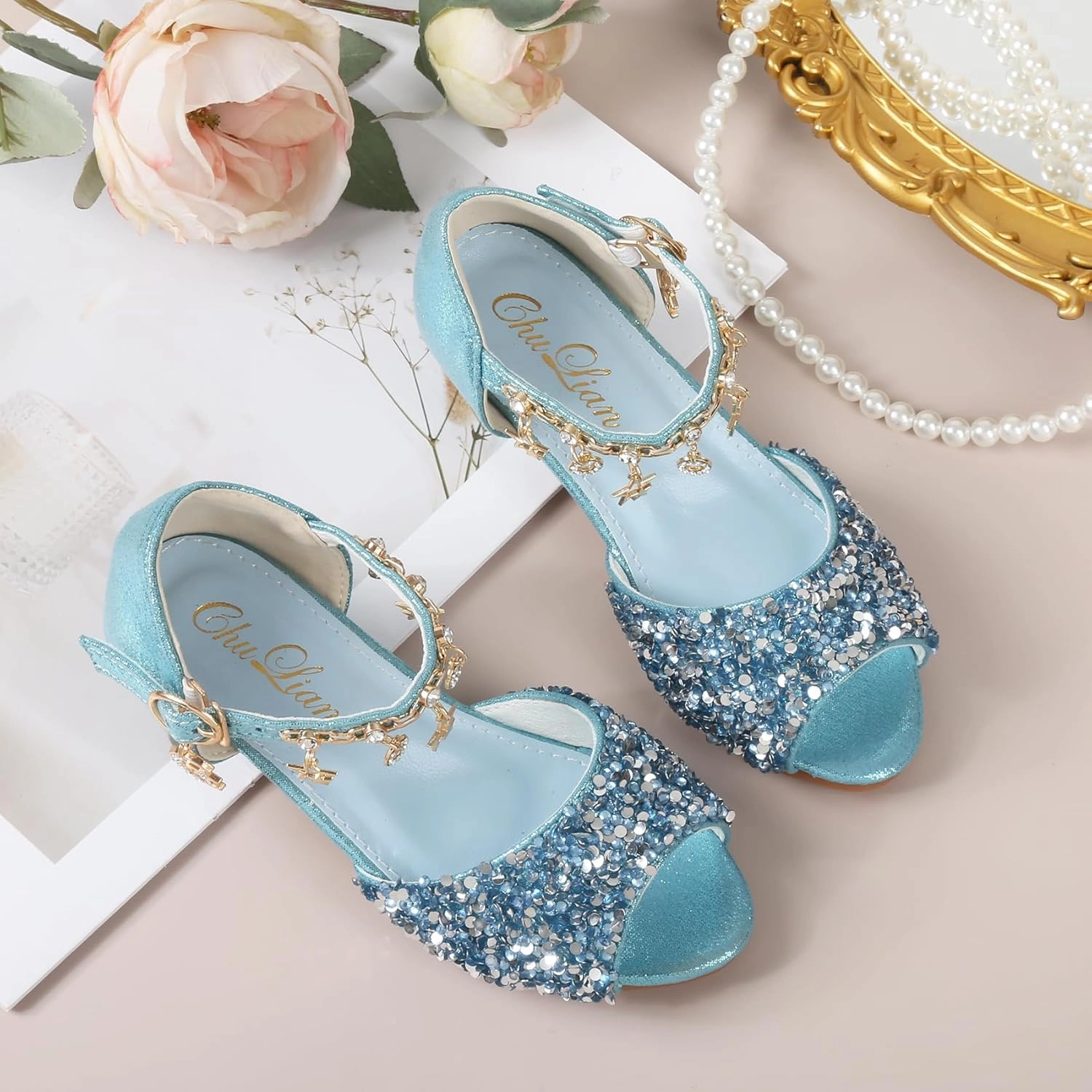 ChuLian Girls Dress Shoes Sparkly Princess High Heels Peep Toe Party Wedding Flower Girls Shoes Sandals Toddler Little Big Kid Asics Best Cushion Shoe