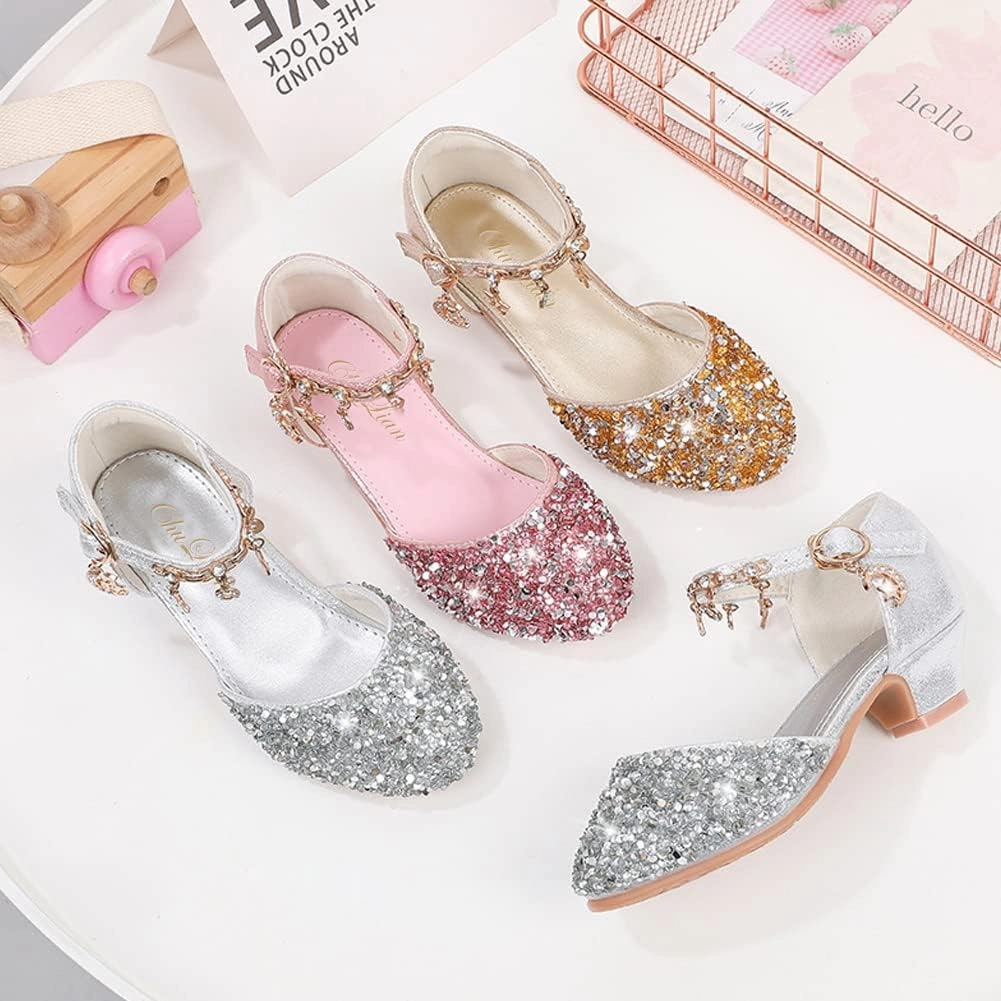 ChuLian Little Kids Girls Dress Pumps Glitter Sequins Princess Low Heels Princess Dress Shoes Party Dance Shoes Rhinestone Sandals Asics Cdg Shoes