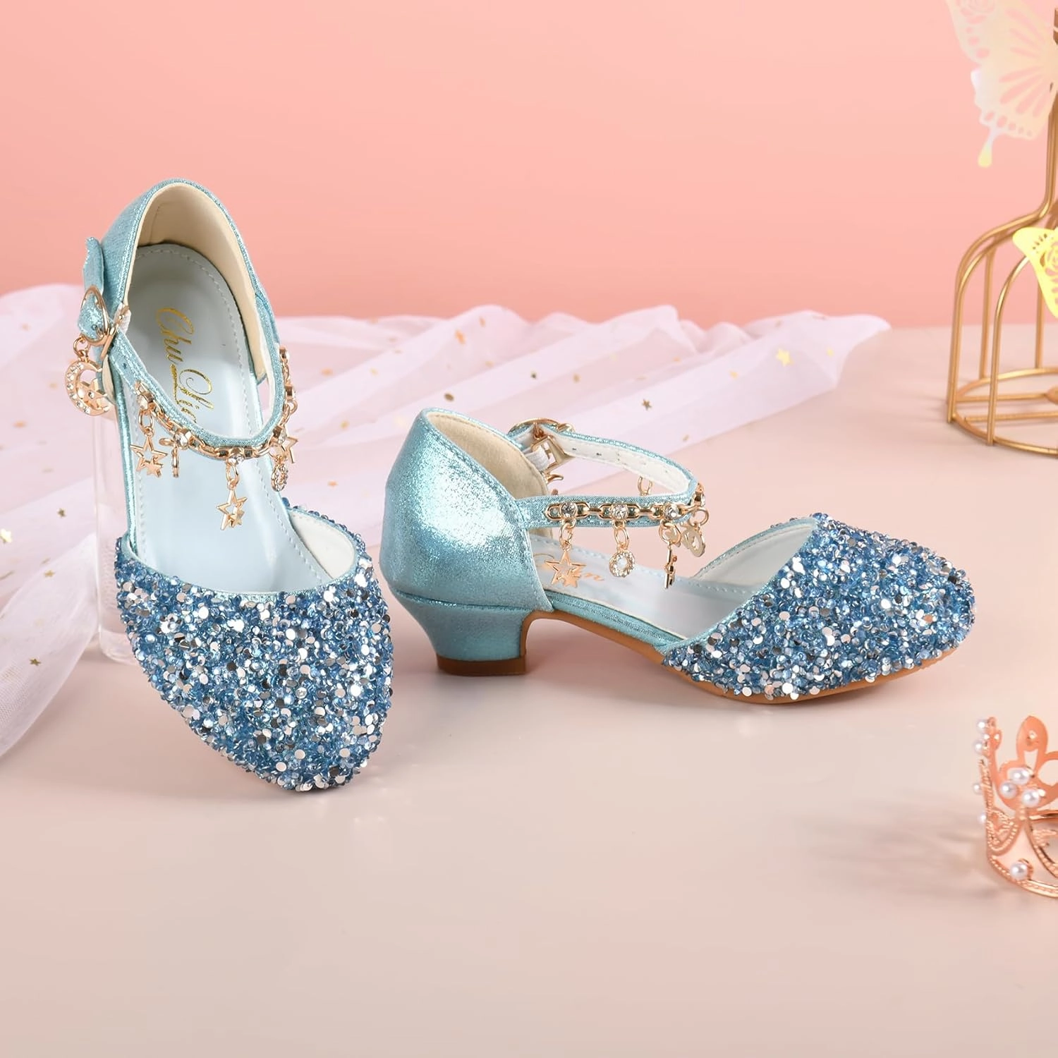 ChuLian Little Kids Girls Dress Pumps Glitter Sequins Princess Low Heels Princess Dress Shoes Party Dance Shoes Rhinestone Sandals Asics Distance Running Shoes