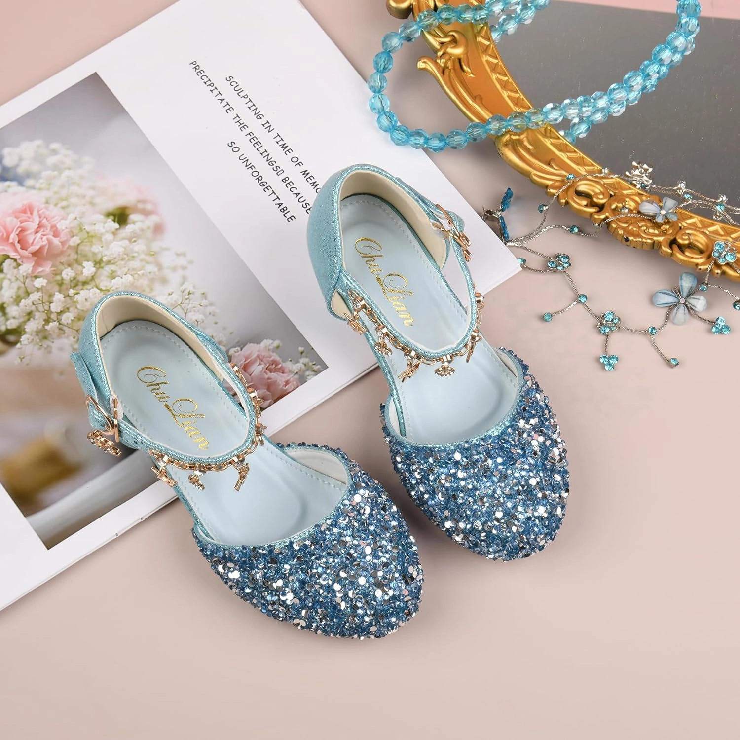 ChuLian Little Kids Girls Dress Pumps Glitter Sequins Princess Low Heels Princess Dress Shoes Party Dance Shoes Rhinestone Sandals Asics Running Shoe