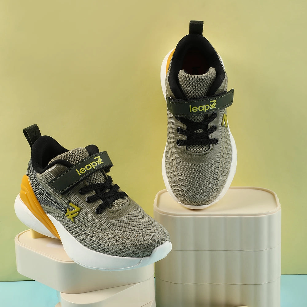 Leap7x Olive Green Sports Lacing Running Shoes For Kids COVER-02 By Liberty Running Shoes With Best Cushioning