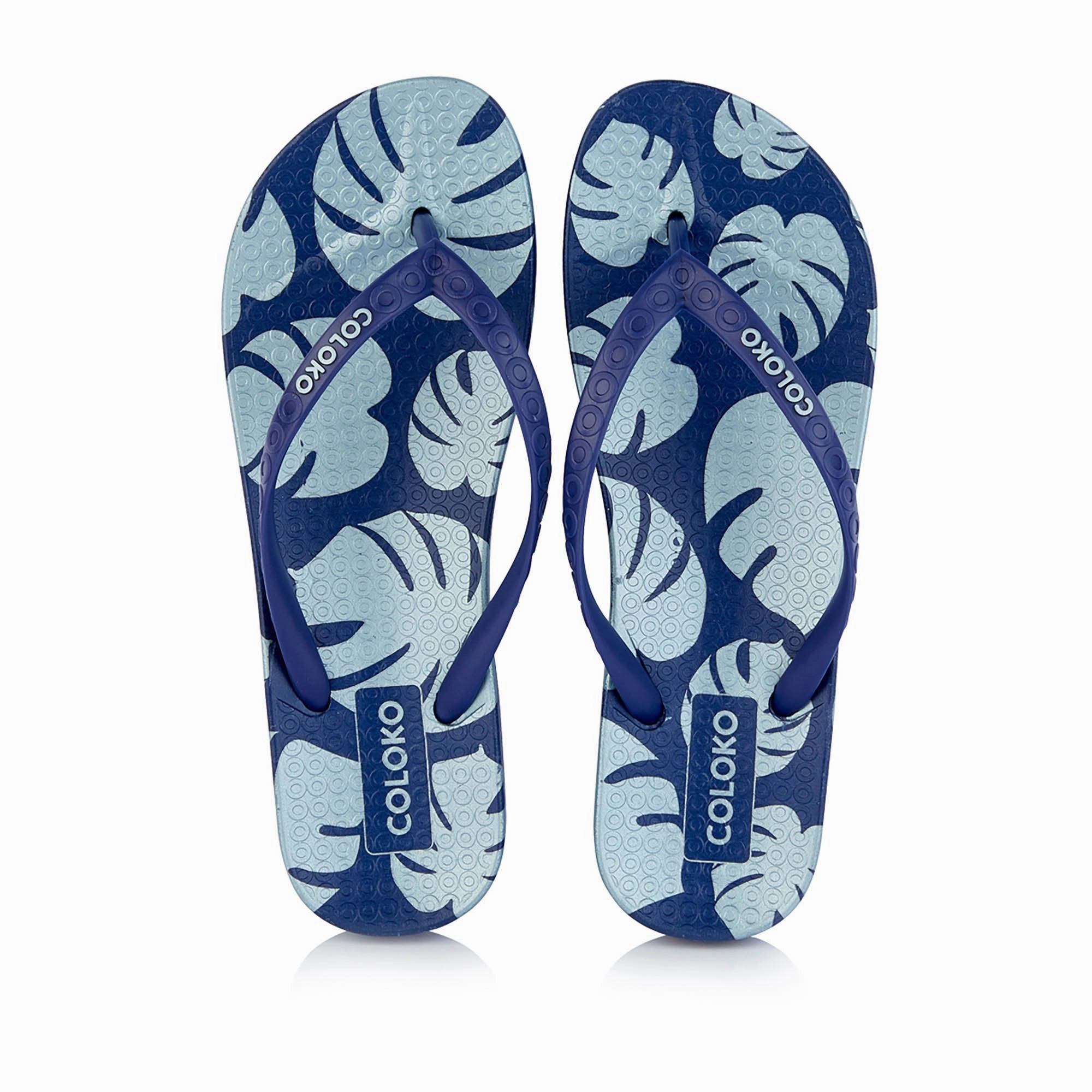 Coloko Ixora Navy & Silver Leaf Ergonomic Footbed Flip Flops Rhinestone Flip Flops