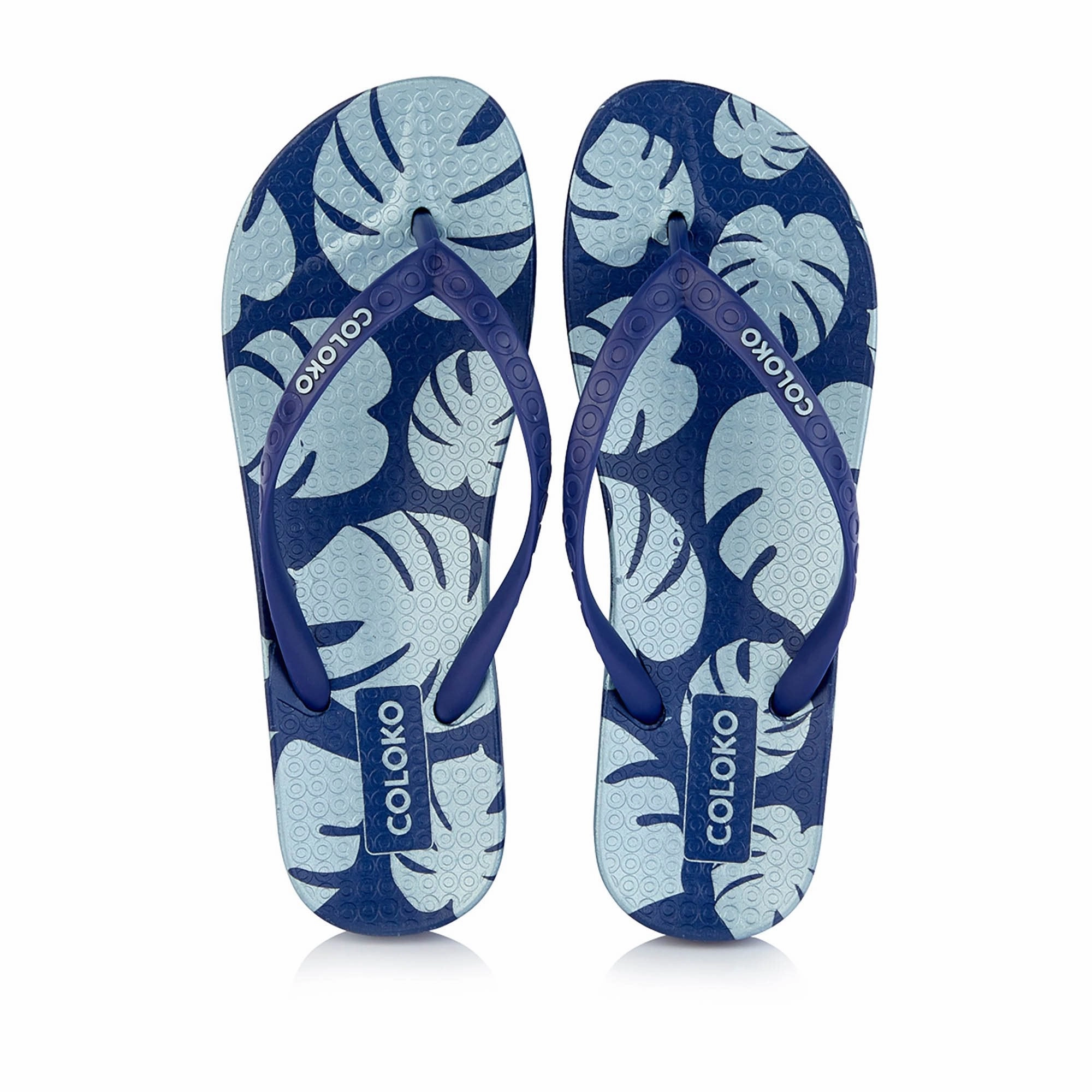 High Instep Flip Flops Coloko Ixora Navy & Silver Leaf Ergonomic Footbed Flip Flops