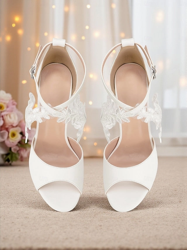 White Women's Lace Strap Block with - Ankle Heel Sandals