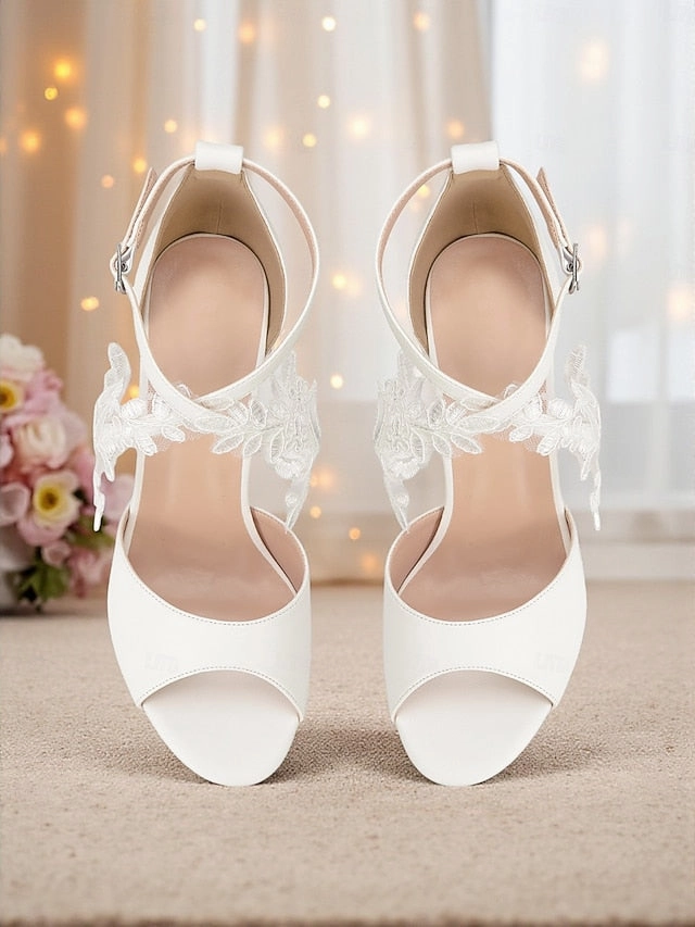 Embellished Leather Ankle Boots White Women's Lace Strap Block with - Ankle Heel Sandals