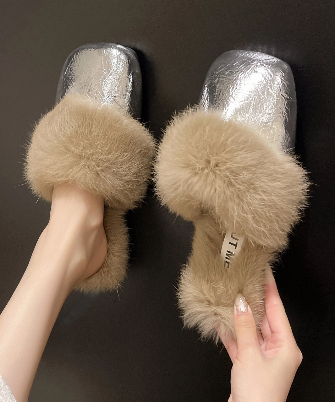 Pou Slippers French Style Silver Slippers Shoes Splicing Fuzzy Wool Lined RX025