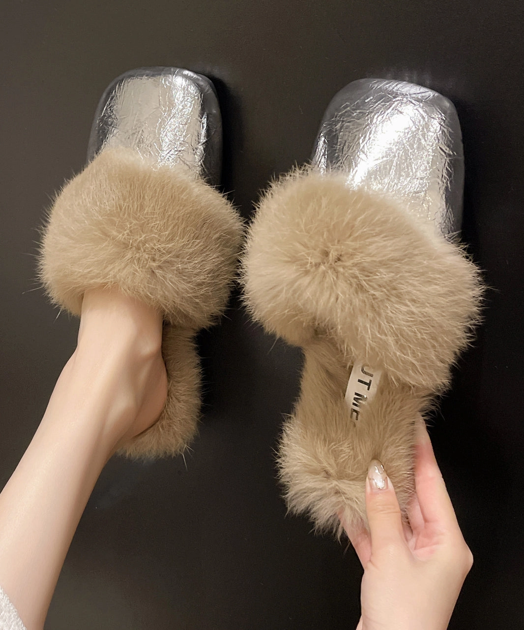 Scott Hawaii Slippers French Style Silver Slippers Shoes Splicing Fuzzy Wool Lined RX025