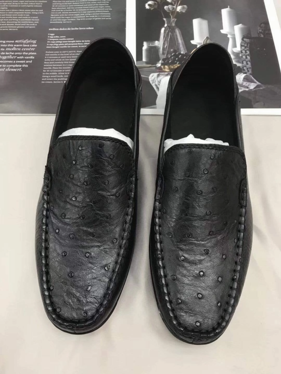 Stone Oxfords Crocodile Shoes Mens  Slip On Casual Fashion Ostrich Leather Penny Loafer Shoes Black