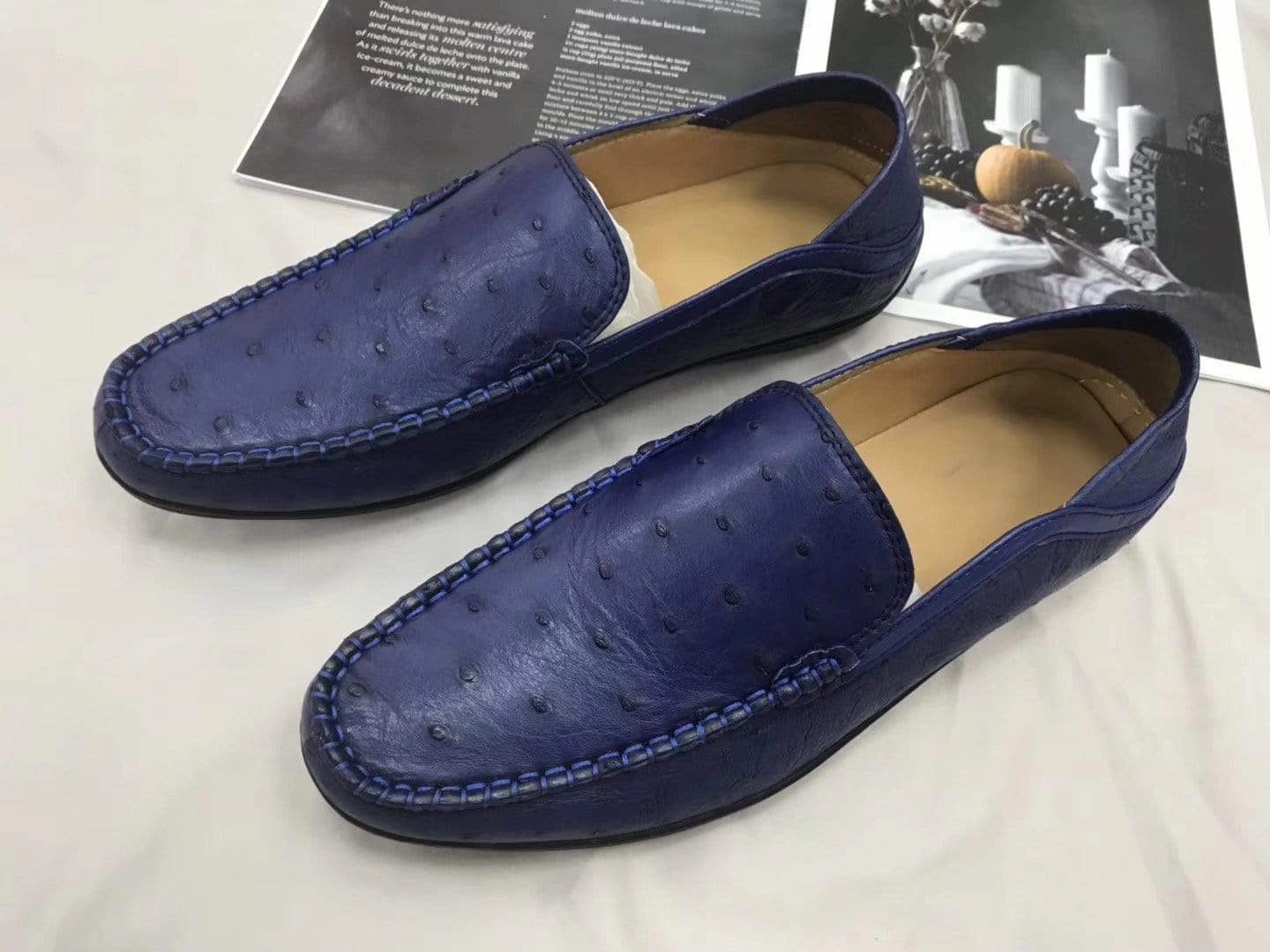 Crocodile Shoes Mens  Slip On Casual Fashion Ostrich Leather Penny Loafer Shoes Dark Blue Best Cheap Oxfords