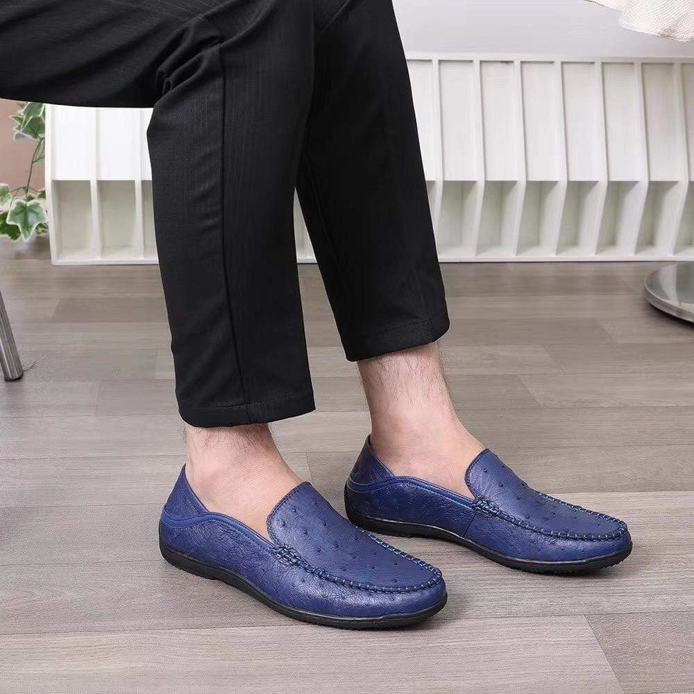 Block Heel Oxfords Crocodile Shoes Mens  Slip On Casual Fashion Ostrich Leather Penny Loafer Shoes Dark Blue
