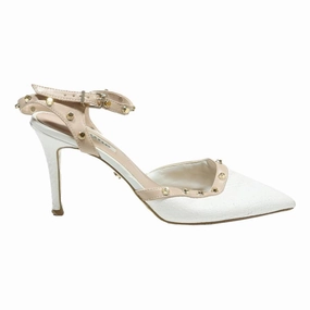 DUNE Womens Studded Ankle Strap Leather High Heels White & Nude UK 5 Elegant Stretch Block Heel Ankle Boots