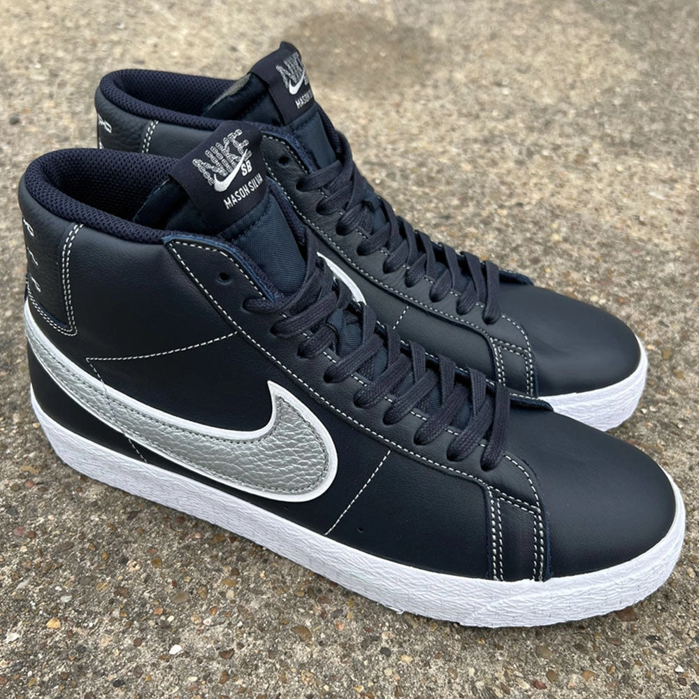 Nike Lebrons Shoes DZ7260400 Blackened Blue Wolf Grey Blazer Mid Nike SB Mason Silvas QS Leather Skateboarding Shoes