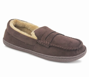 NEW HAMPSHIRE Mens Faux Fur Lined Moccasin Slippers in Brown Slides With Straps