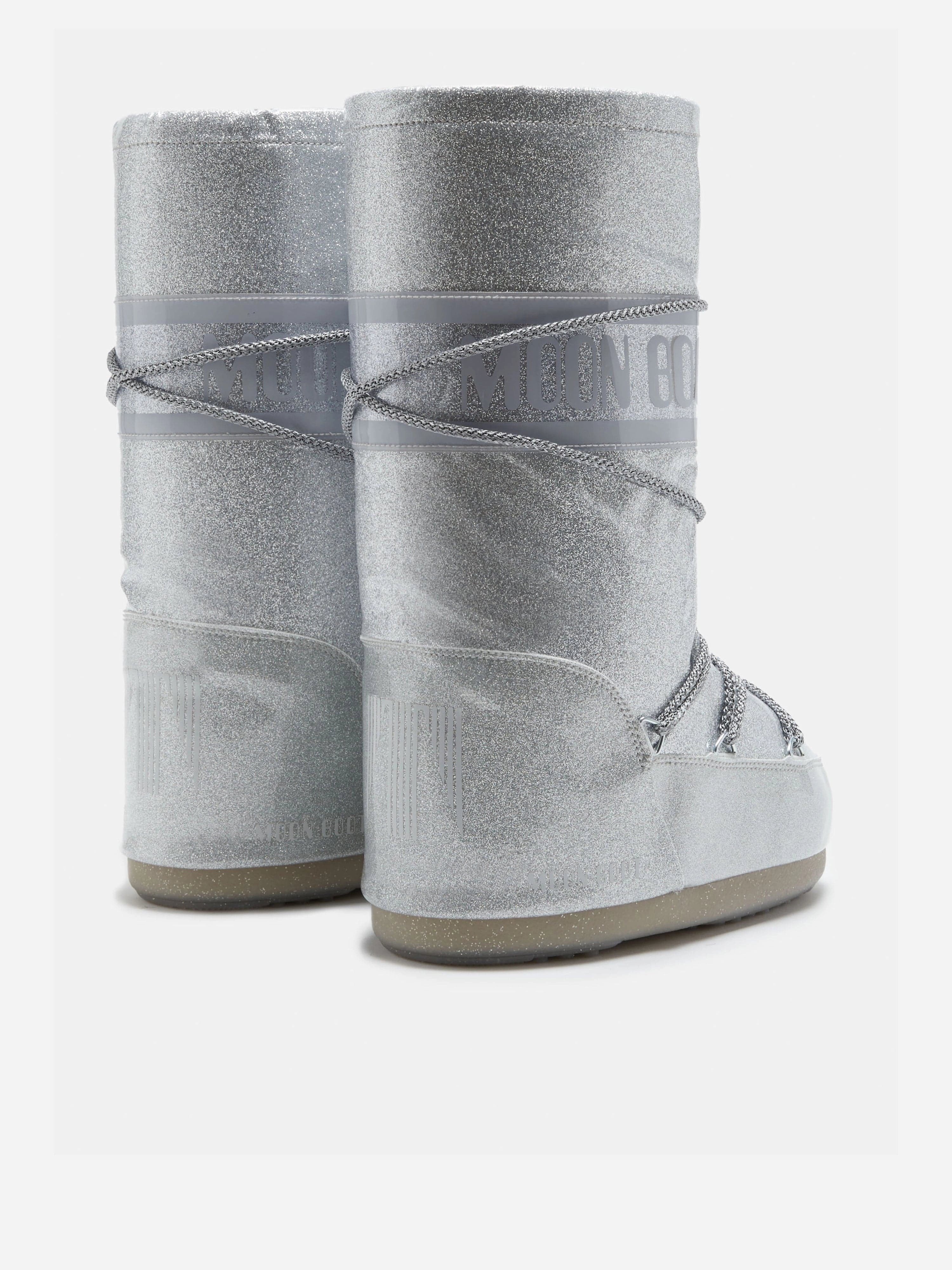 Moon Boot Kids Icon Glitter Boots in Silver Wood Bottom Boots