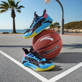 Leather Golf anta kids boys splash 7 basketball shoes A125B1131-3 -black/blue/pink (kasut bola keranjang kanak lelaki)