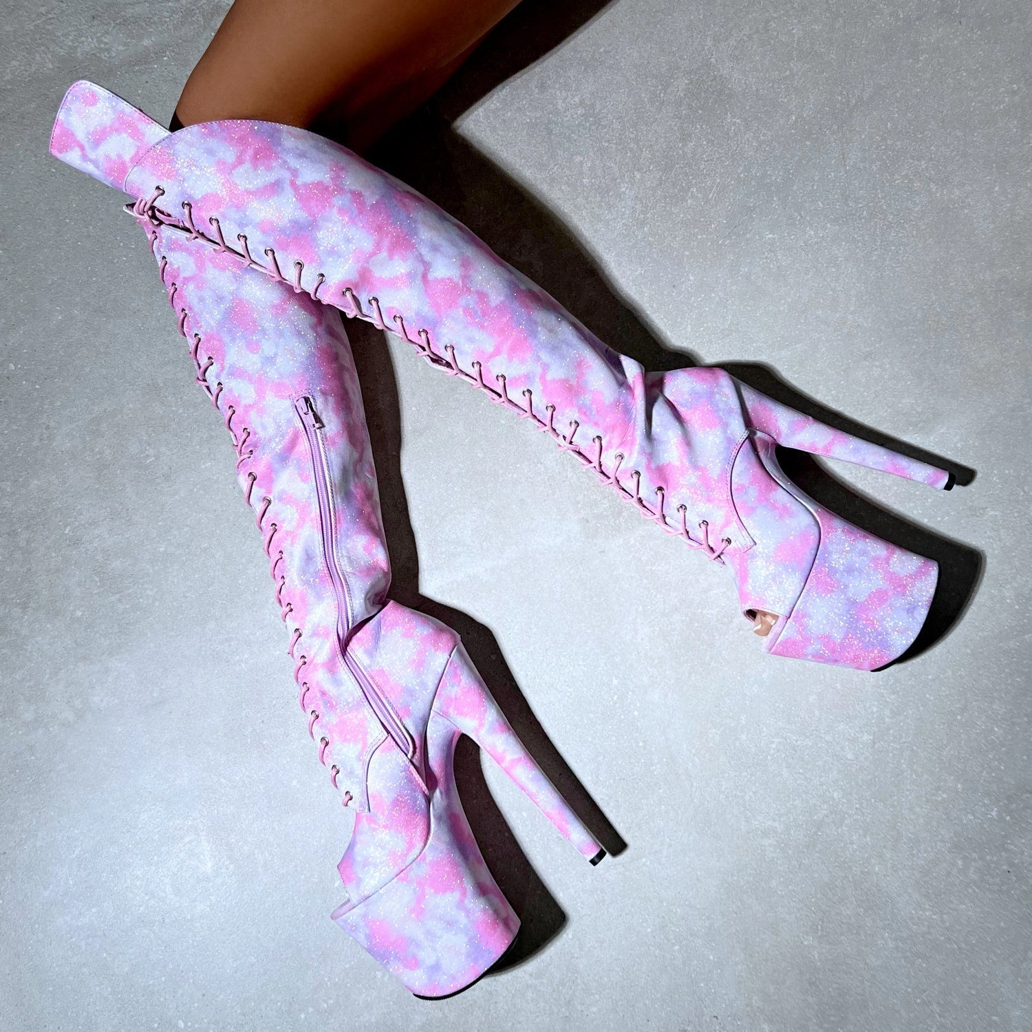 Fairy Clouds Over Knee Open Toe Boot - Pink - 8INCH Knee High Boots Baggy Ankle