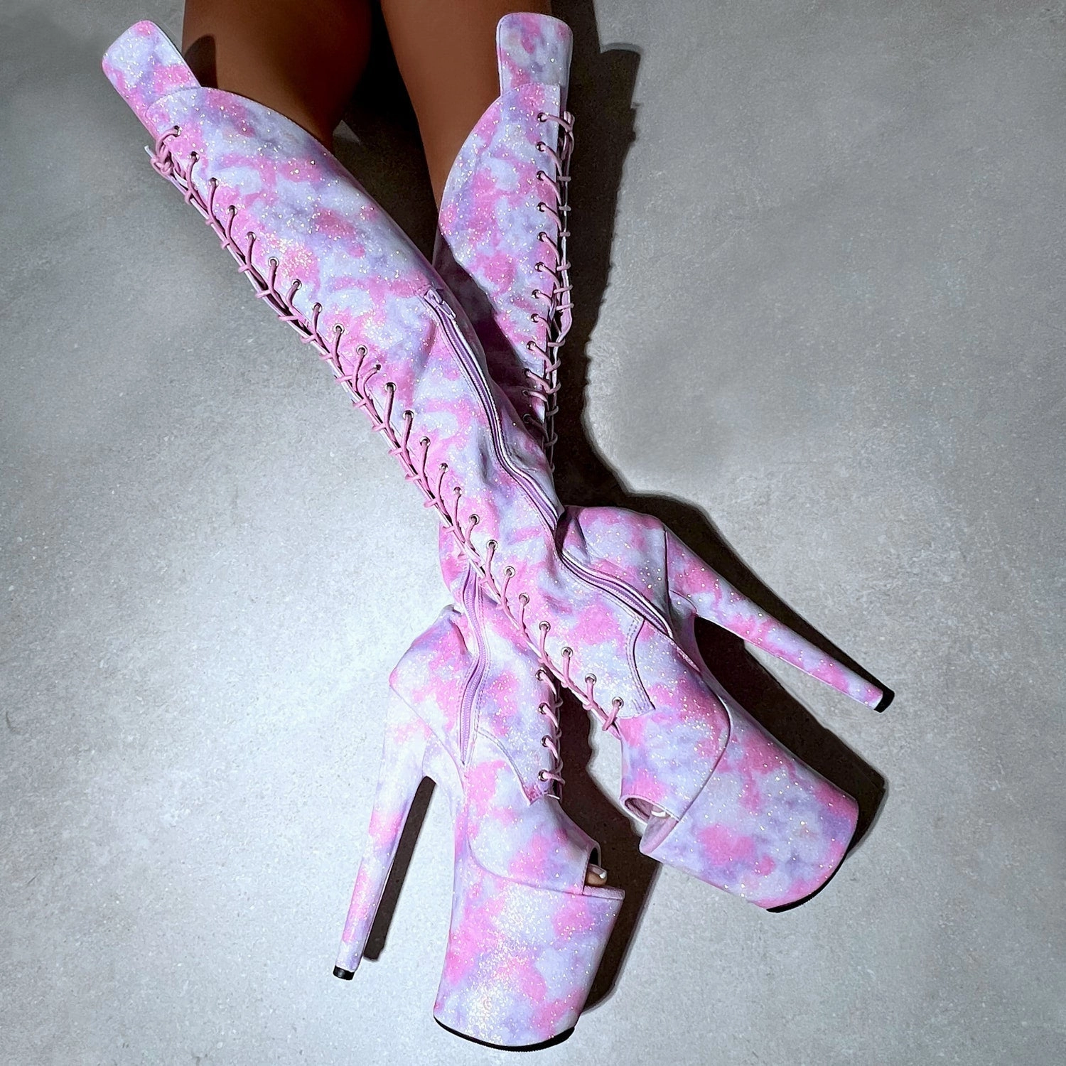 Fairy Clouds Over Knee Open Toe Boot - Pink - 8INCH Leather Low Heel Knee High Boots