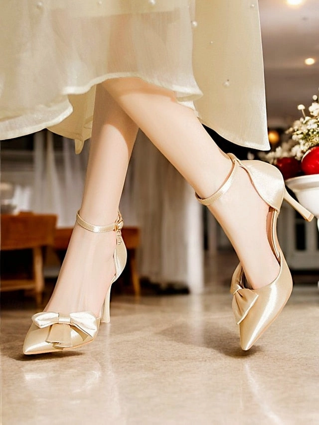 Ankle Strap Women's Champagne Pumps Classy  Bow Pointed