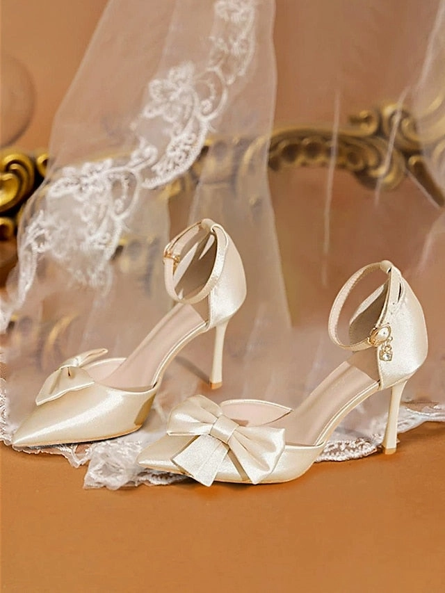 Ankle Strap Women's Champagne Pumps Classy  Bow Pointed