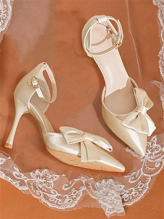 Ankle Strap Women's Champagne Pumps Classy  Bow Pointed