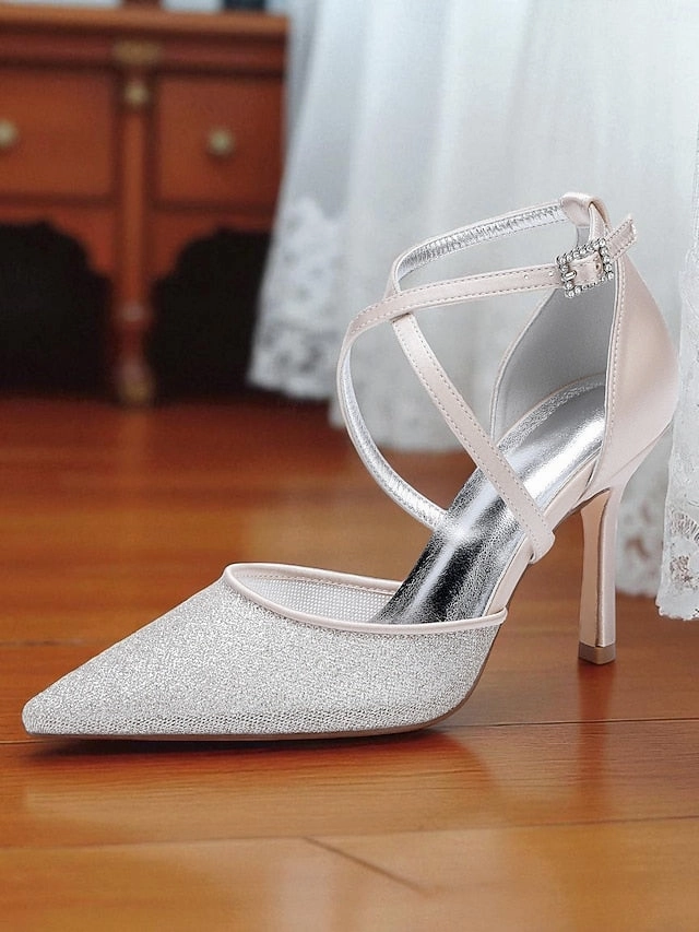 Silver - Women's Strap Heels Glitter Ankle Elegant Stiletto Pointed Low Heel Ankle Boots