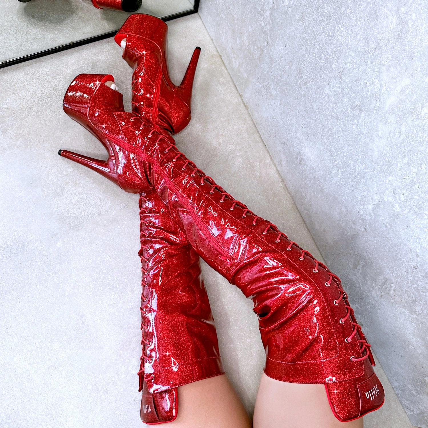 The Glitterati Thigh High Open Toe - Kansass - 7IN High Knee Boots Leather