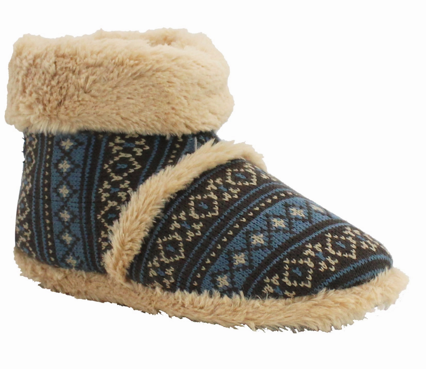 AD30162 Mens Fur Fairisle Ankle Boot Slippers in Blue Curly Slippers