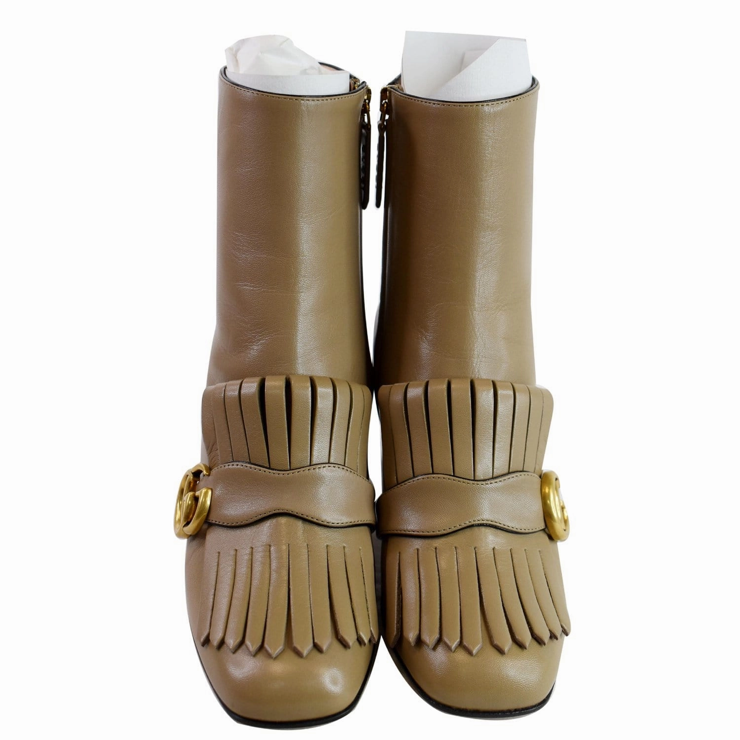 High Heel Leather Ankle Boots GUCCI GG Marmont Fringed Leather Ankle Boots Taupe 408210 US 8