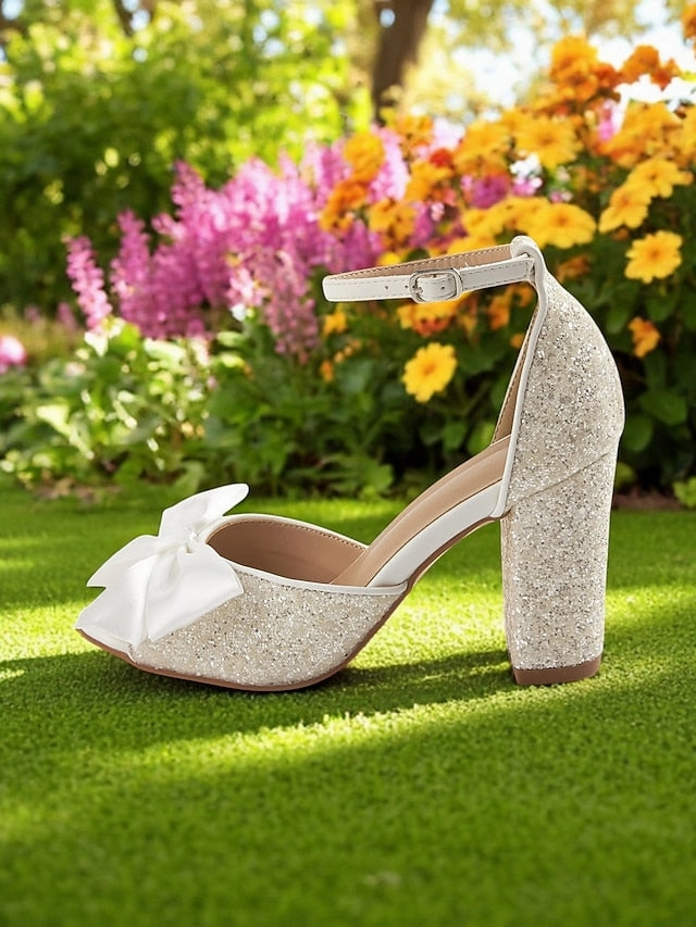 Dress And Ankle Boots Look Heel Sandals with Ankle Glitter Block Wedding White Women's