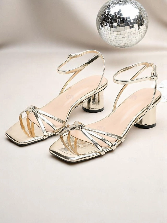 Heels Women's Metallic Gold Shiny Block Ankle  Strap Snake Print Block Heel Ankle Boots