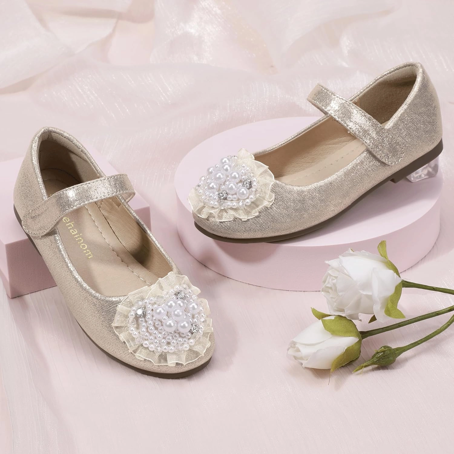 Hehainom Toddler Flower Girl Dress Shoes Rhinstones Pearls Mary Jane Ballet Flats Wedding Party Toddler Little Kid Princess Shoes Non Marking Shoes Asics