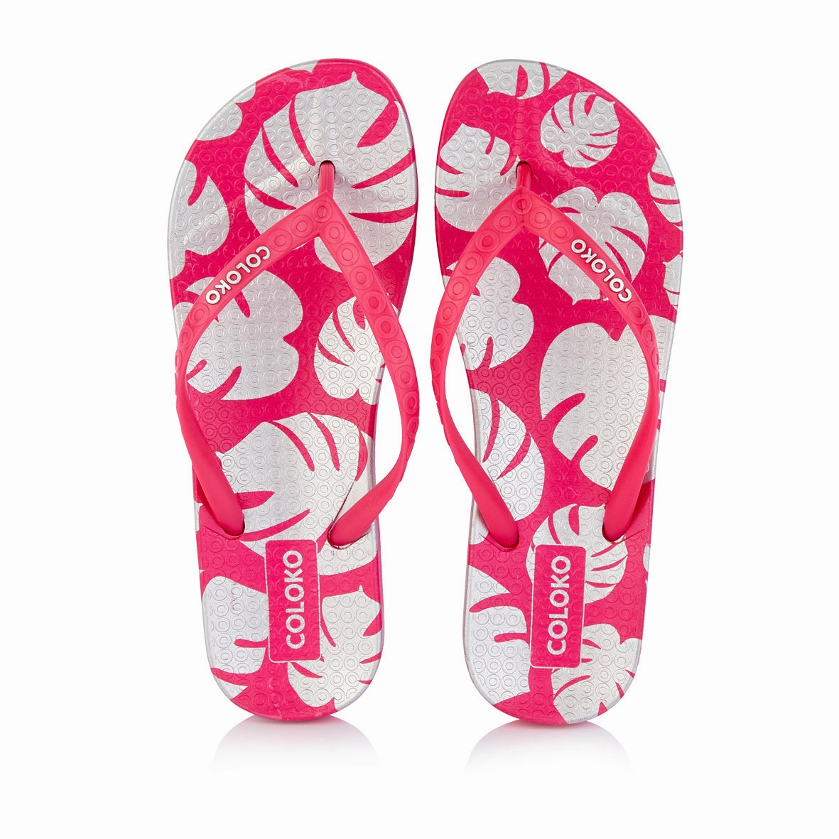 Coloko Ixora Pink & Silver Leaf Ergonomic Footbed Flip Flops Leather Square Toe Flip Flops