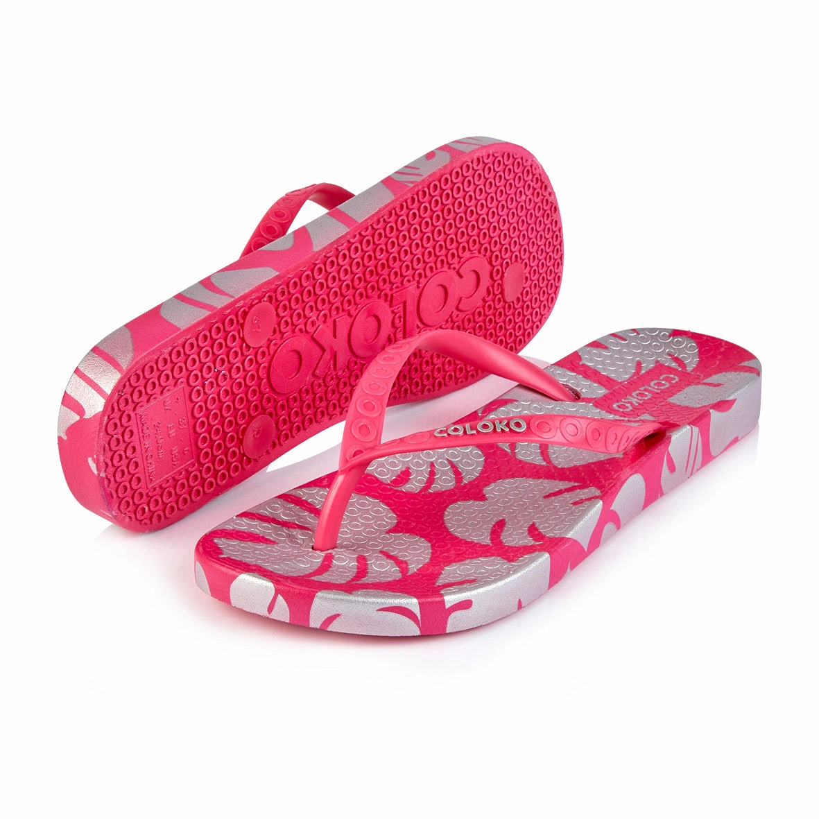 Coloko Ixora Pink & Silver Leaf Ergonomic Footbed Flip Flops Moszkito Flip Flops
