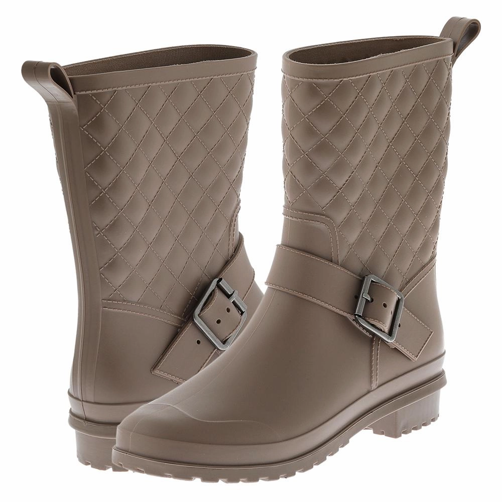 Ladies Matte Solid Taupe Quilted Mid-Calf Rain Boot Tour Packable Rain Boot