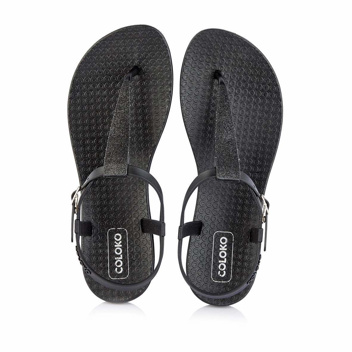 Flip Flop And Fly Song Coloko Amaryllis Curve Glitter Sparkly T-bar Flip Flops Sandals Black / Blush / Pewter
