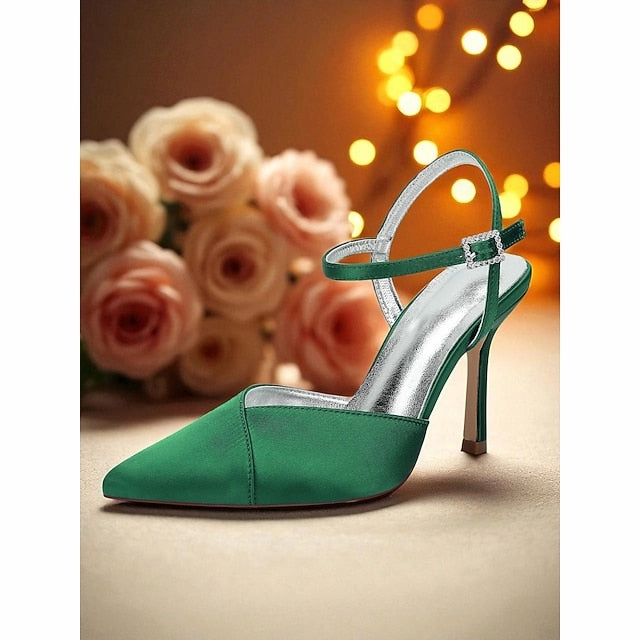 Ankle Heels - Stiletto with Strap Satin Green Women's