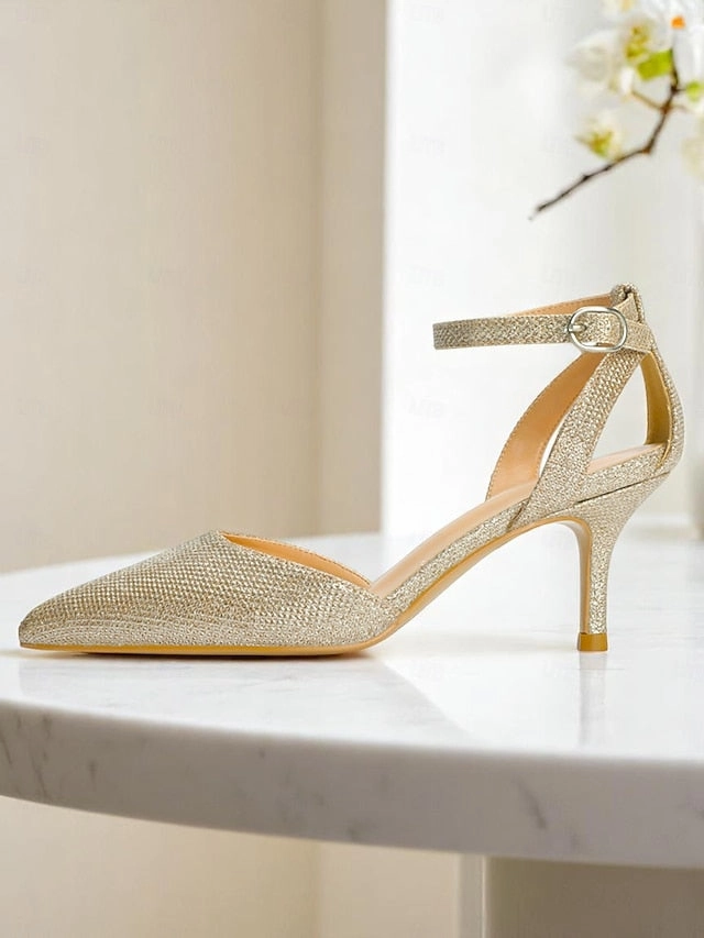 Women's Gold Ankle Heels Strap Glitter