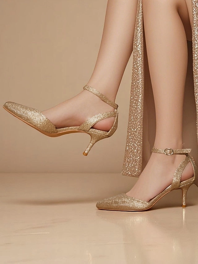 Women's Gold Ankle Heels Strap Glitter